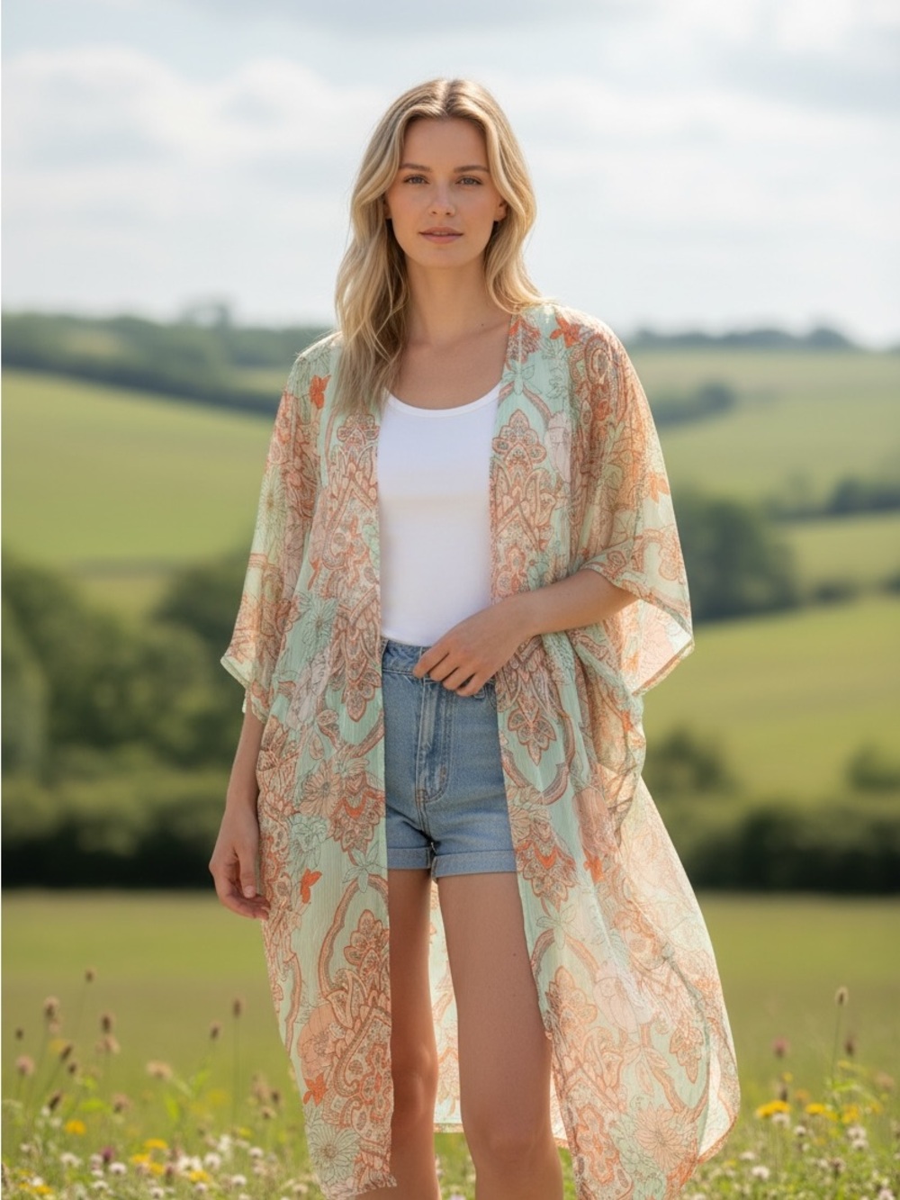 Umgee Mint and Coral Paisley Sheer Kimono Cover-Up